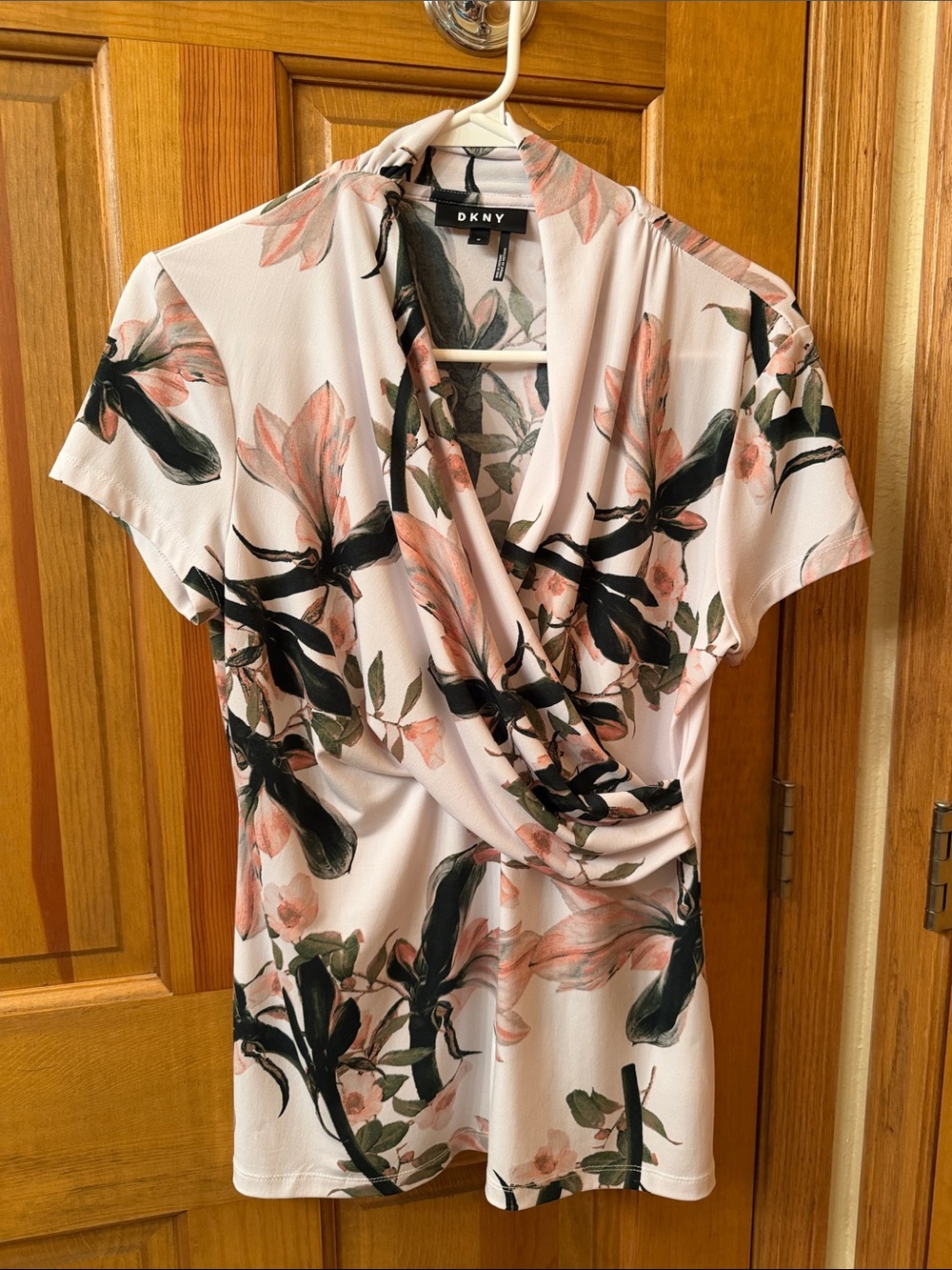 DKNY Blush Pink Floral Drape Front Short Sleeve Top